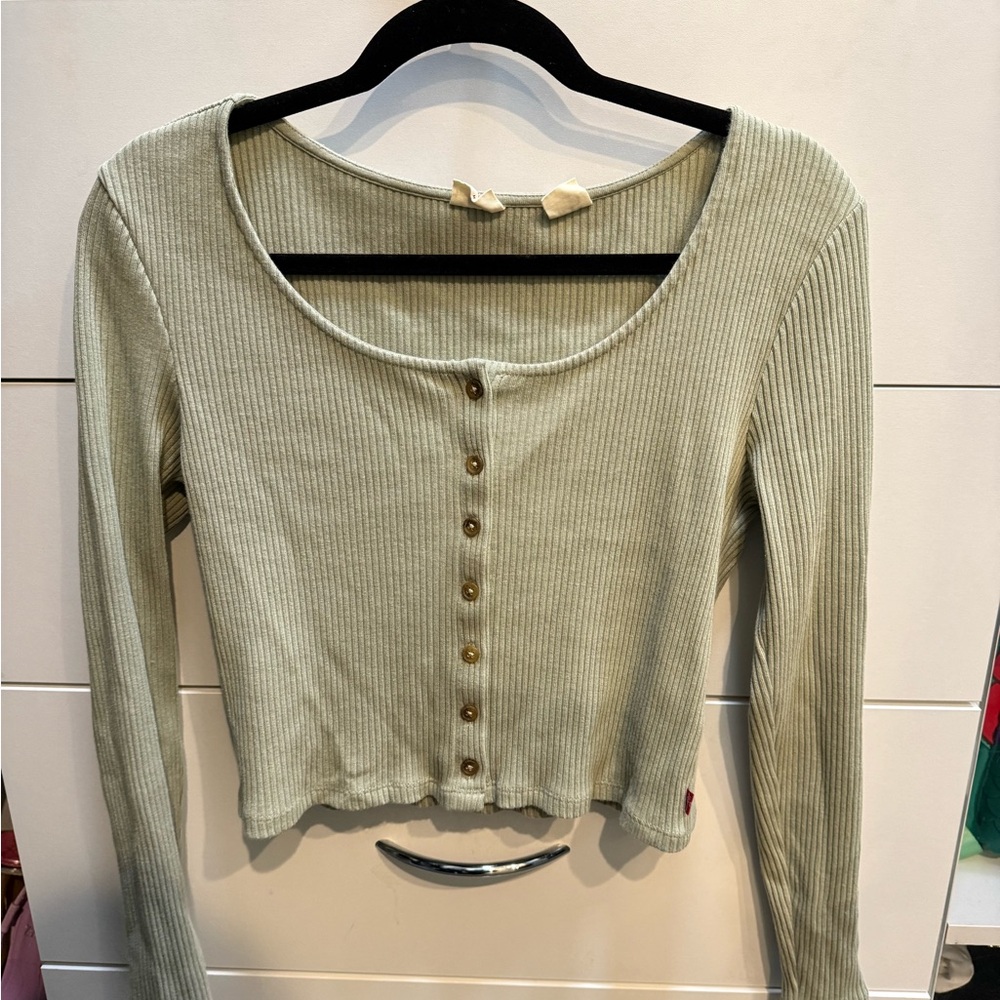 Levi's Light Sage Ribbed Long-Sleeve Scoop Neck Button Top